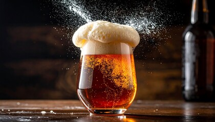 A glass of beer with a frothy head, splashing