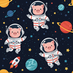 Smiling astronaut pigs explore the starry cosmos with planets and a rocket Childlike adventure