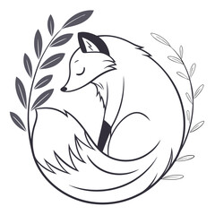 Stylized minimalist illustration of a sleeping fox curled in a circle surrounded by delicate branches and leaves in a simple line art design