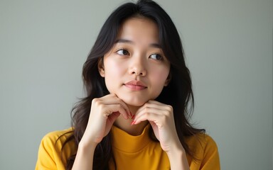 Young pretty chinese woman doubting between two options. High quality