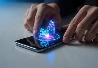 Person interacts with glowing 5g network symbol on smartphone screen