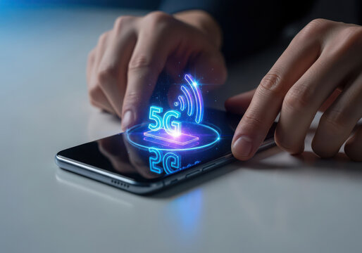 Person interacts with glowing 5g network symbol on smartphone screen