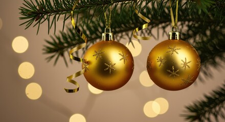 Golden Christmas Ornaments Hanging on Evergreen Branch with Soft Bokeh Background, Decorations for Holiday Celebrations