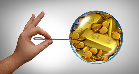 Economic Gold Bubble as a high Market bullion price fear as a balloon ready to burst and stock market speculation concept or overvalued economy as a crisis and inflated golden commodity prices