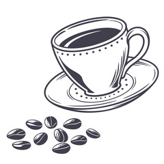 A stylized illustration of a cup of coffee and scattered coffee beans on a white background