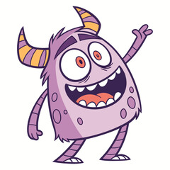Fototapeta premium Friendly purple cartoon monster with big eyes and horns waving hello with a happy expression