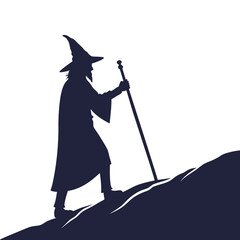 Mysterious wizard silhouette with pointed hat and staff climbing a rocky hill against a white background