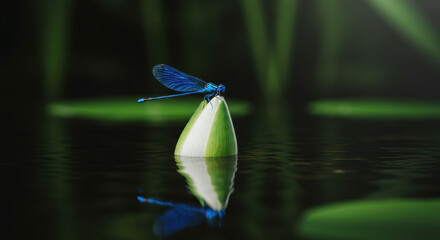 Blue dragonfly on lily pad