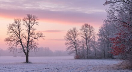 Serene Winter Sunrise Over a Snow-Covered Field with Silhouetted Trees and Soft Pastel Sky Hues