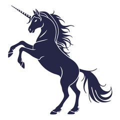 Majestic dark blue unicorn rearing up on hind legs with flowing mane and tail against white background