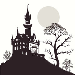 Obraz premium Silhouette of a spooky gothic castle on a hill under a large full moon with bare trees