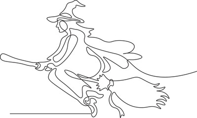 Witch Flying on Broomstick – Halloween One Line Drawing Vector