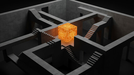 A conceptual image of a glowing digital block within an intricate maze of stairs and passages, a powerful visual for a business strategy on navigating market challenges Complexity Strategy