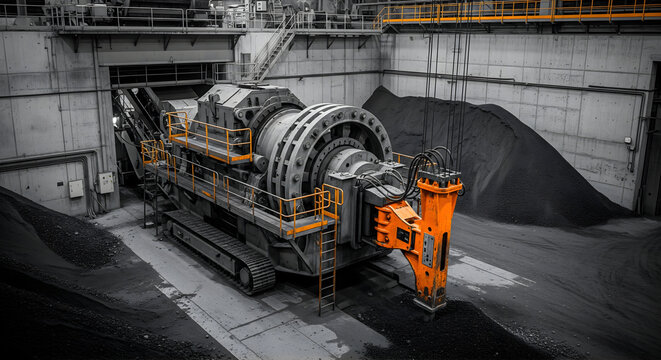 Heavy industrial crushing machine processes raw materials in a massive facility