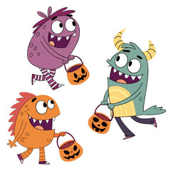 Three cute cartoon monsters trick or treating with jack o lantern candy buckets on halloween