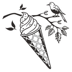 Whimsical black and white illustration of a bird perched on a branch next to a dripping ice cream cone