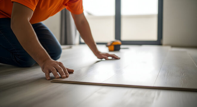 Skilled handyman installing modern laminate flooring in bright new home