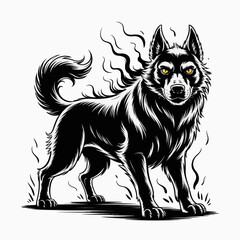 Fototapeta premium Black and White Illustration of Menacing Wolf with Yellow Eyes | Stylized Fierce Wolf Vector Artwork | Intense Wolf Drawing for Graphic Design