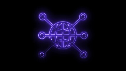 Glowing neon globe with connected nodes on black background illustrating global network connections - Powered by Adobe