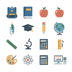 Collection of school and education related icons on a white background.