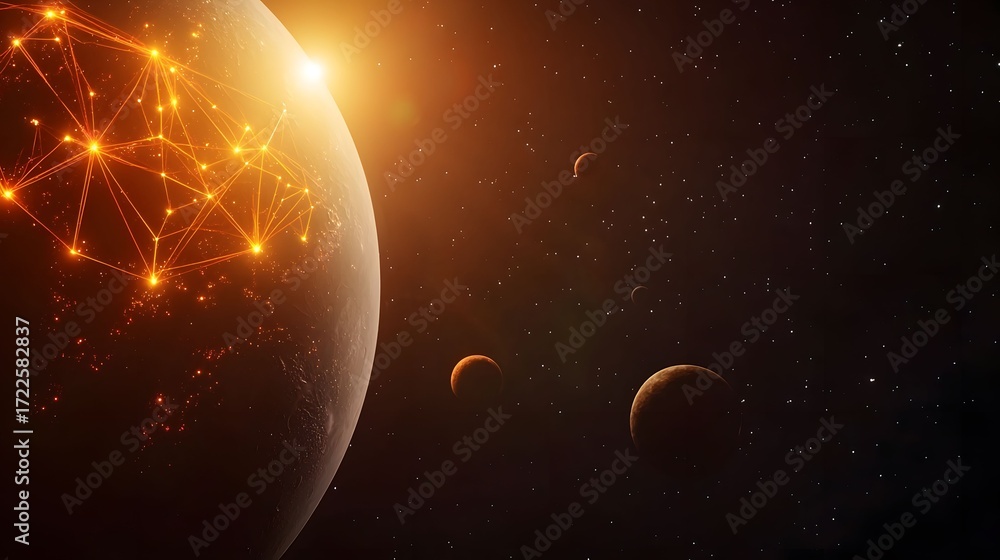 Poster the image showcases a planet with glowing network-like lines, surrounded by other planets in a star-