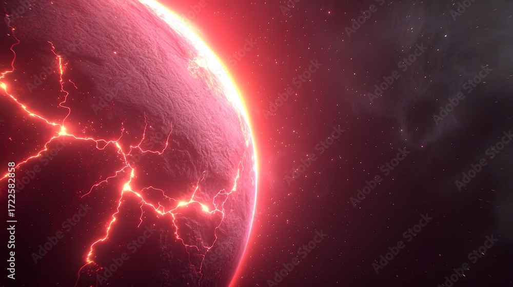 Poster The image portrays a fiery, red planet in space, marked by cracks of light and surrounded by a dark backdrop speckled with stars and nebulous formations with a bright illuminating glow.
