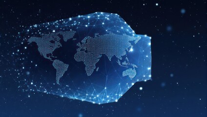 Global network connectivity illuminated with vibrant world map, ideal for technology, communications and international business themes, dynamic and modern