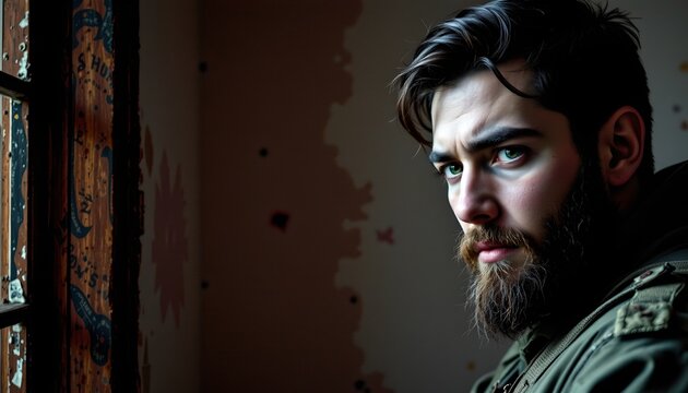 A young man with a beard, standing indoors near an open window with visible paint peeling. He is looking towards the camera with a serious expression, dressed in a green jacket and casual attire