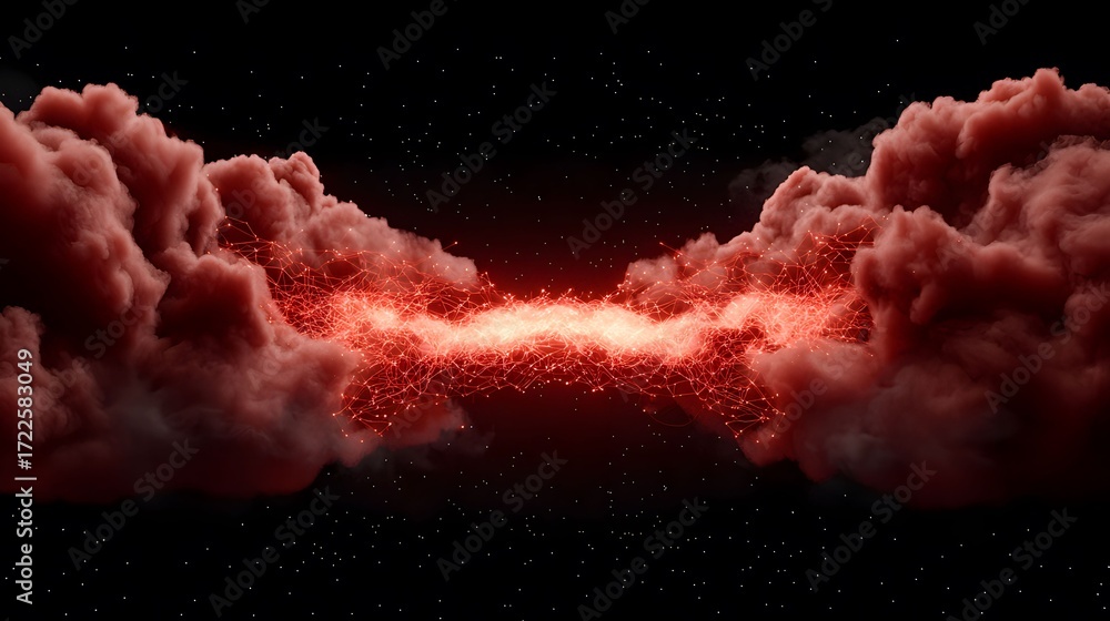 Poster the image features red, fluffy clouds set against a dark sky dotted with stars, connected by a compl