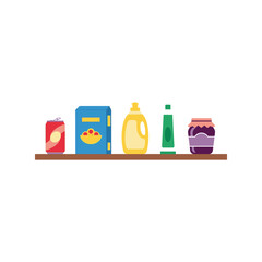 Grocery shelf assortment food drinks household items flat illustration vector