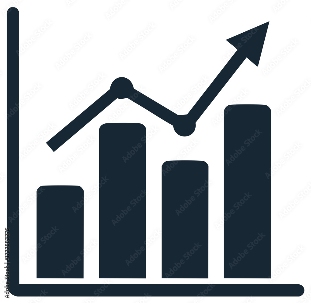 Poster ascending bar graph with trend line displaying business growth and performance