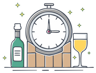New Year's Eve celebration with champagne bottle clock and wine glass
