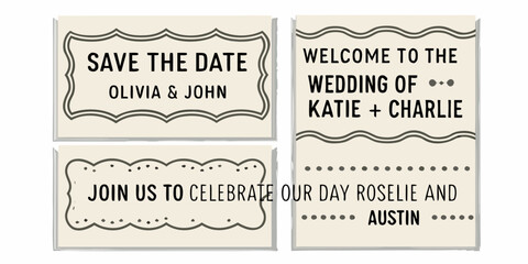 Save the date and wedding invitation cards with couple names and decorative borders