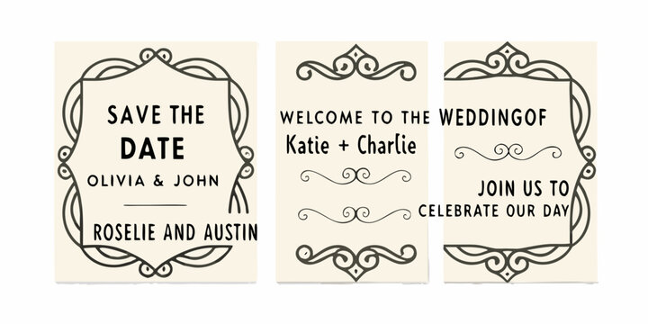 Elegant wedding invitation set featuring save the date welcome and celebration messages with decorative borders