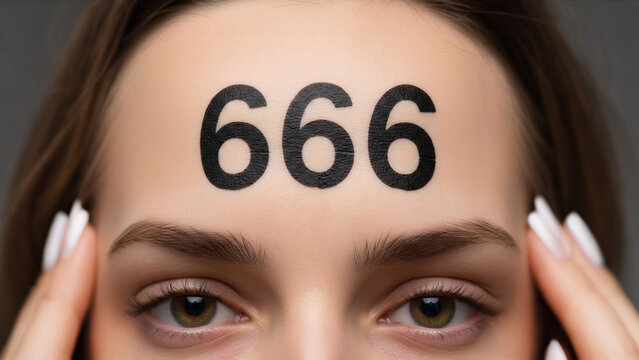 The Mark of the Beast: A close-up view of the symbol 666 boldly imprinted on the forehead, inviting contemplation on religious themes and hidden meanings.