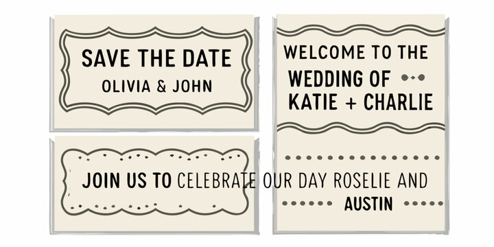 Save the date and wedding invitation cards with couple names and decorative borders - Powered by Adobe