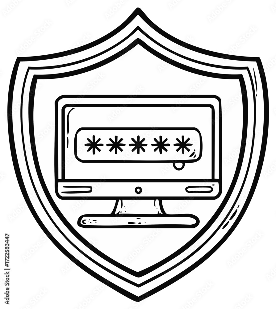 Poster Computer screen displaying password stars within a protective shield emblem