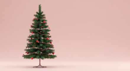 Lush Green Christmas Tree Adorned with Red Ornaments and Tinsel on a Soft Neutral Background