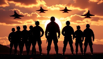 A group of military personnel standing together in a formation, facing towards the viewer. They are silhouetted against the backdrop of a sunset, with three fighter jets flying above them