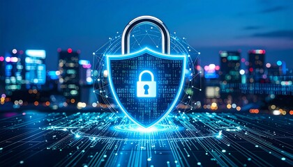 Cybersecurity Shield Cityscape.