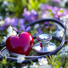 A red heart, a stethoscope, and flowers on the table. World Health Day