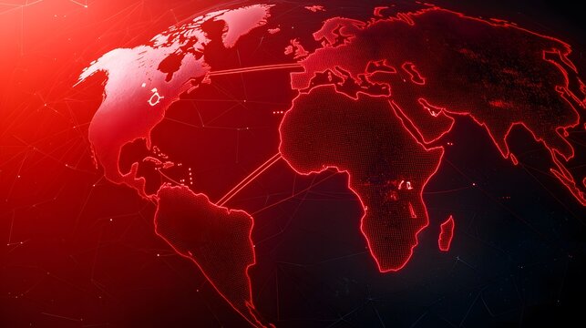 The image features a digital-style representation of a world globe with prominent red lines highlighting continents, set against a dark background with network connections.