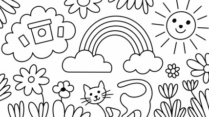 Black and White Line Drawing of Cat, Rainbow, Flowers, and Coffee Cup | Whimsical Cartoon Illustration of Cat with Rainbow and Sunshine | Cute Line Art Scene with Cat, Coffee, and Flowers