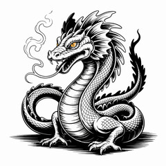 Obraz premium Stylized Ink Drawing of Curled Dragon with Smoke and Scales | Black and White Dragon Illustration with Yellow Eyes | Detailed Mythical Dragon Artwork with Claws and Smoke