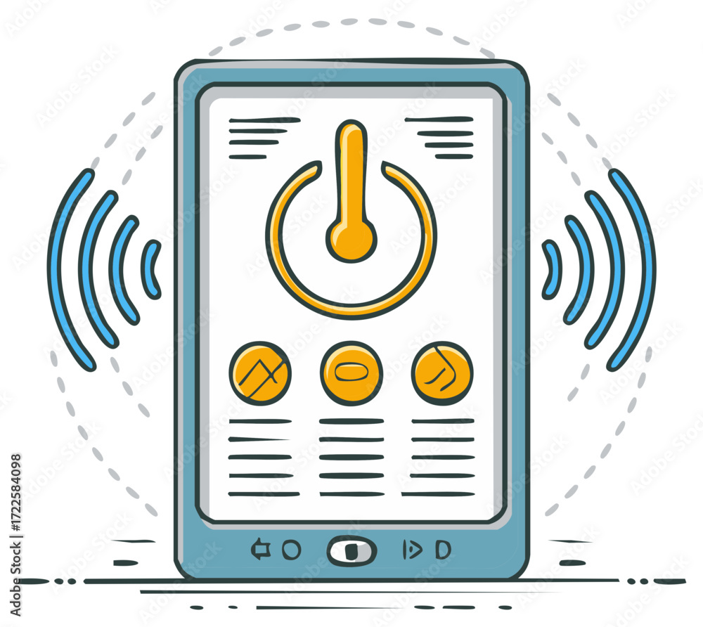 Poster Modern portable device with prominent power button and radiating wireless signals, digital technology control concept.