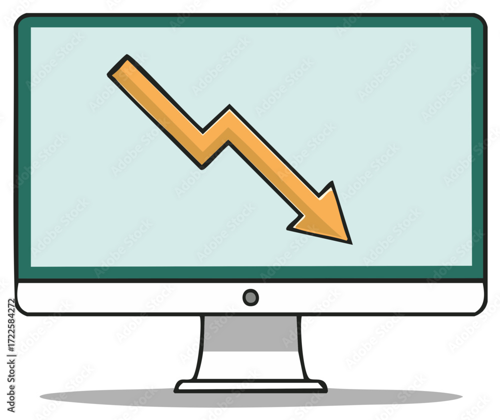 Poster desktop computer display with declining trend arrow illustration