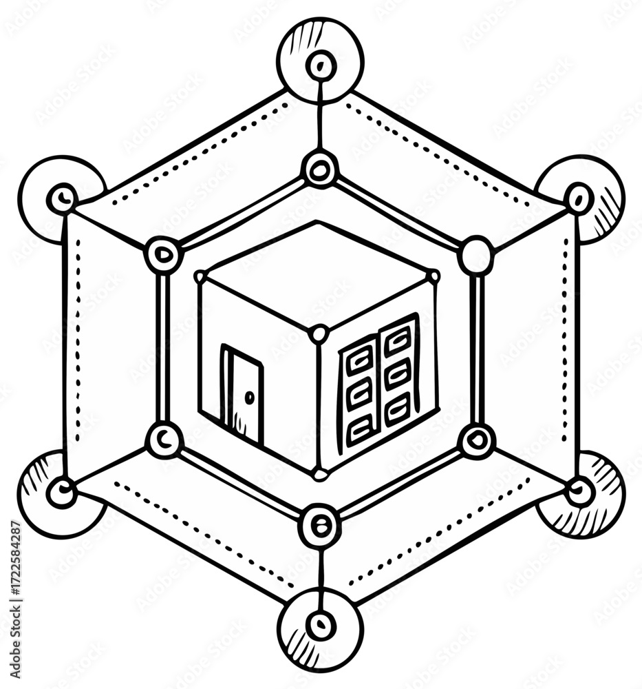 Poster hand-drawn style cube shaped building with door and hexagon frame, isometric view