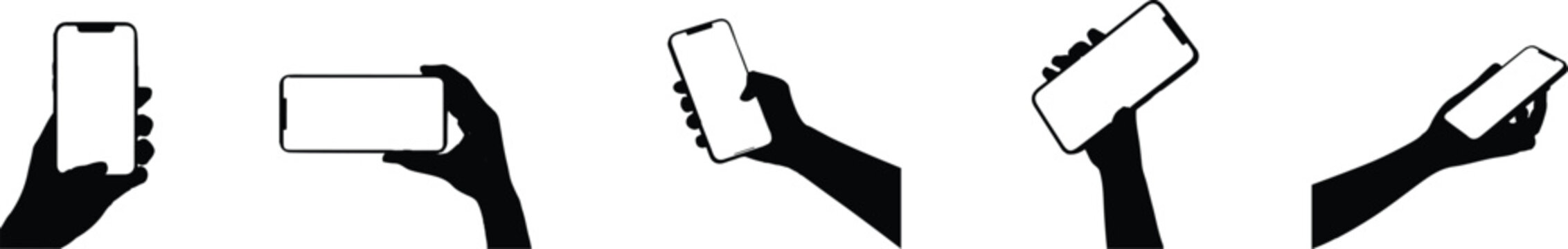 Smartphone hand gestures silhouette set &ndash; mobile phone holding positions, hand with smartphone icons in different angles, touchscreen device illustration vector