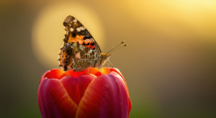 Butterfly on red tulip bud sunrise