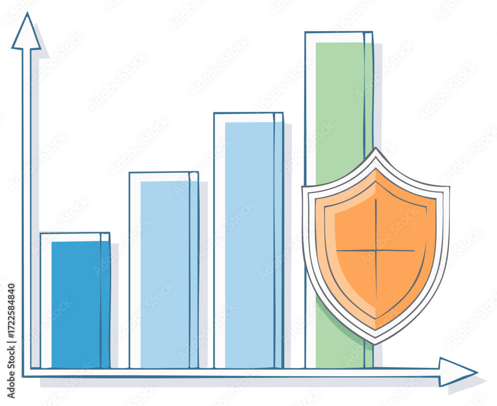 Poster bar chart with protection shield symbolizing secure growth and stability